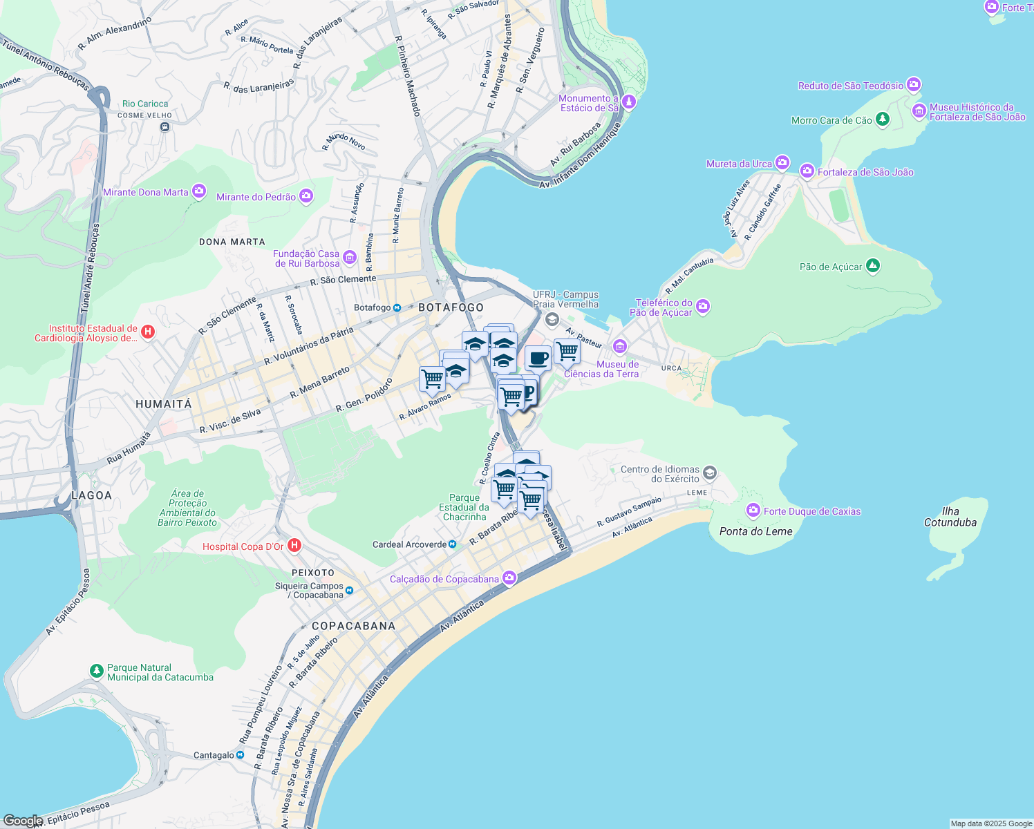 map of restaurants, bars, coffee shops, grocery stores, and more near 445 Avenida Lauro Sodré in Rio de Janeiro