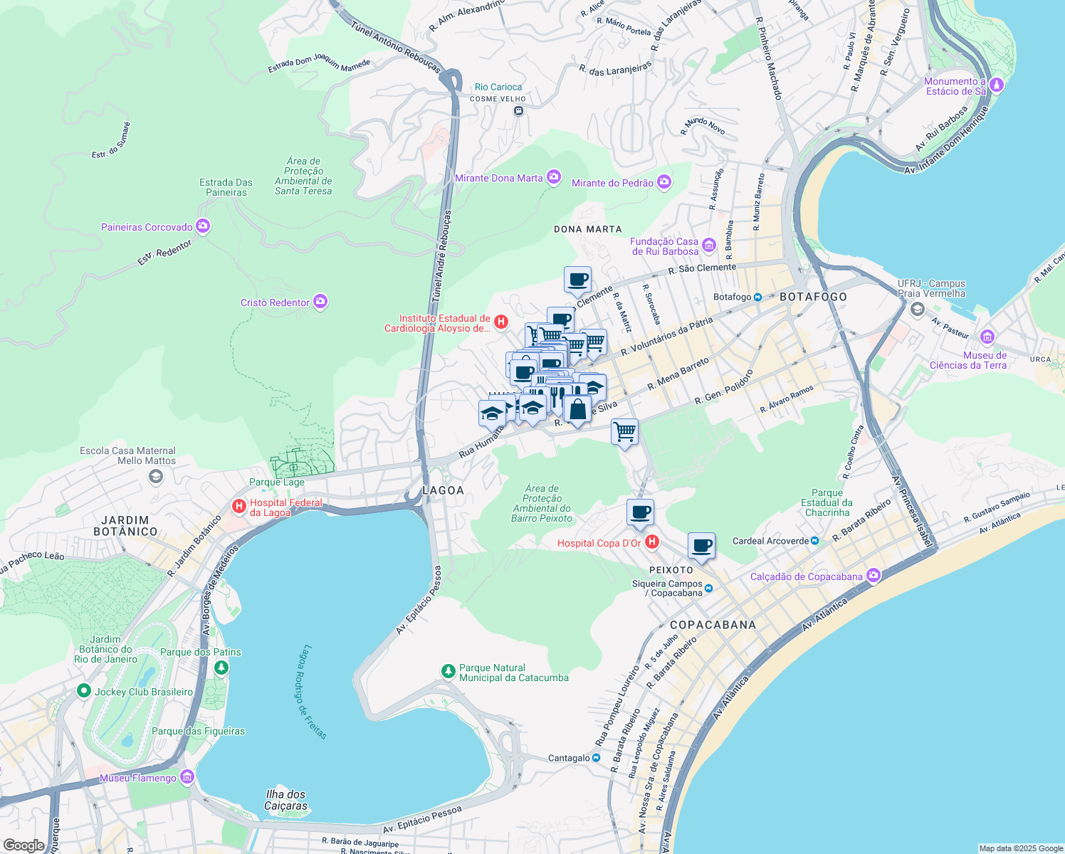 map of restaurants, bars, coffee shops, grocery stores, and more near Largo do Ibam in Rio de Janeiro