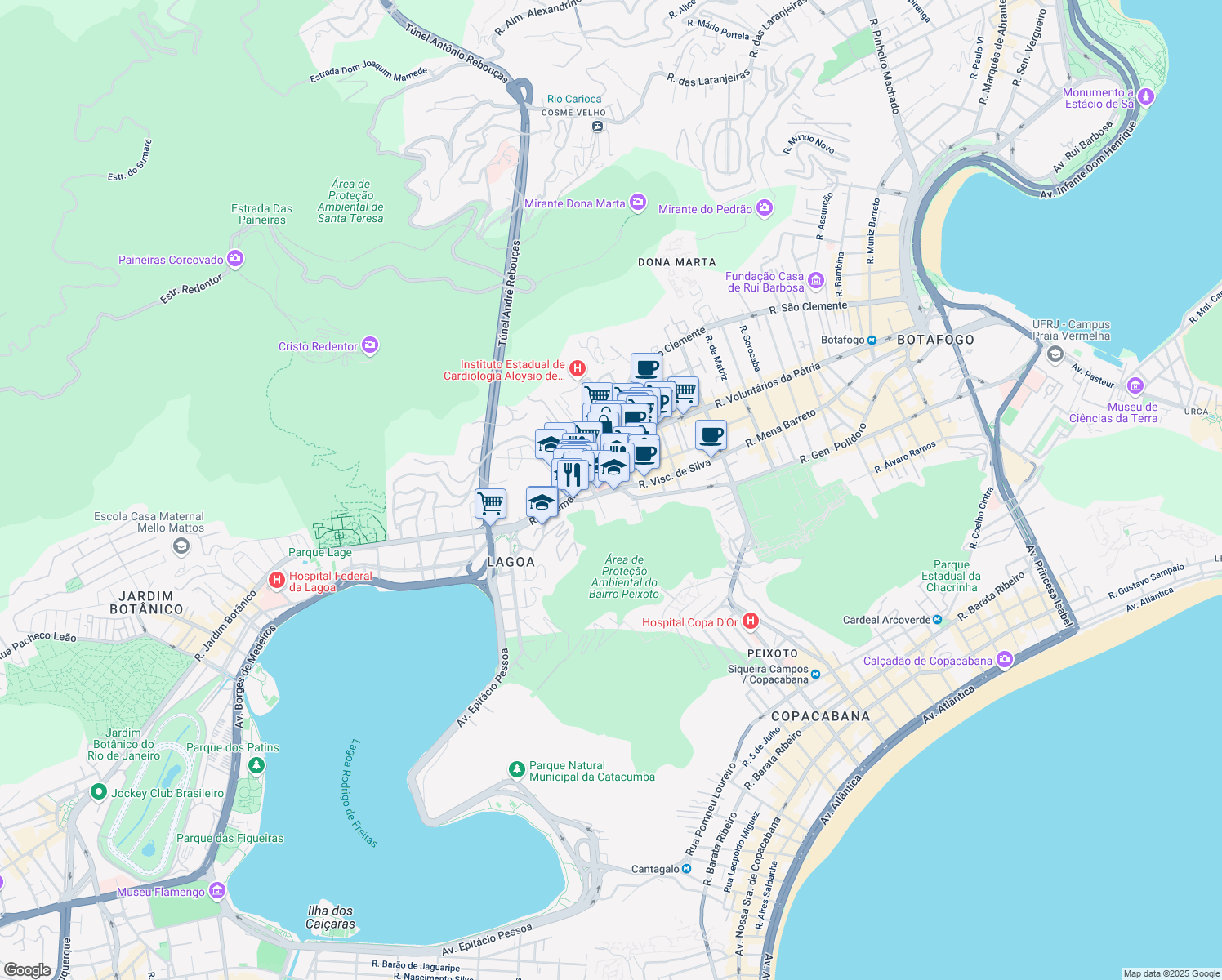 map of restaurants, bars, coffee shops, grocery stores, and more near Largo do Ibam in Rio de Janeiro