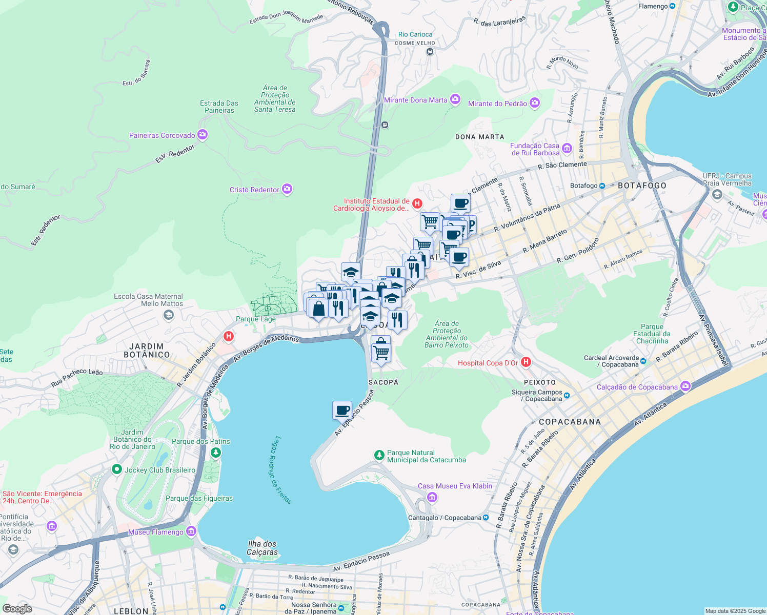 map of restaurants, bars, coffee shops, grocery stores, and more near 275 Rua Humaitá in Rio de Janeiro