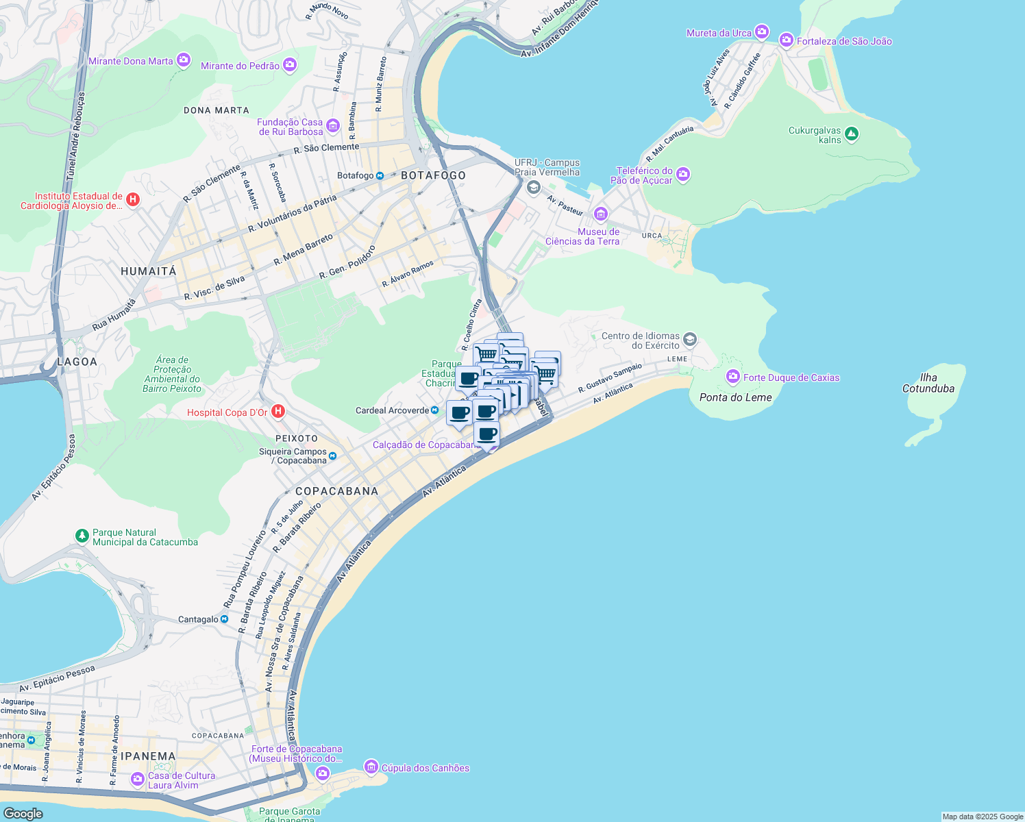 map of restaurants, bars, coffee shops, grocery stores, and more near 149 Avenida Nossa Senhora de Copacabana in Rio de Janeiro