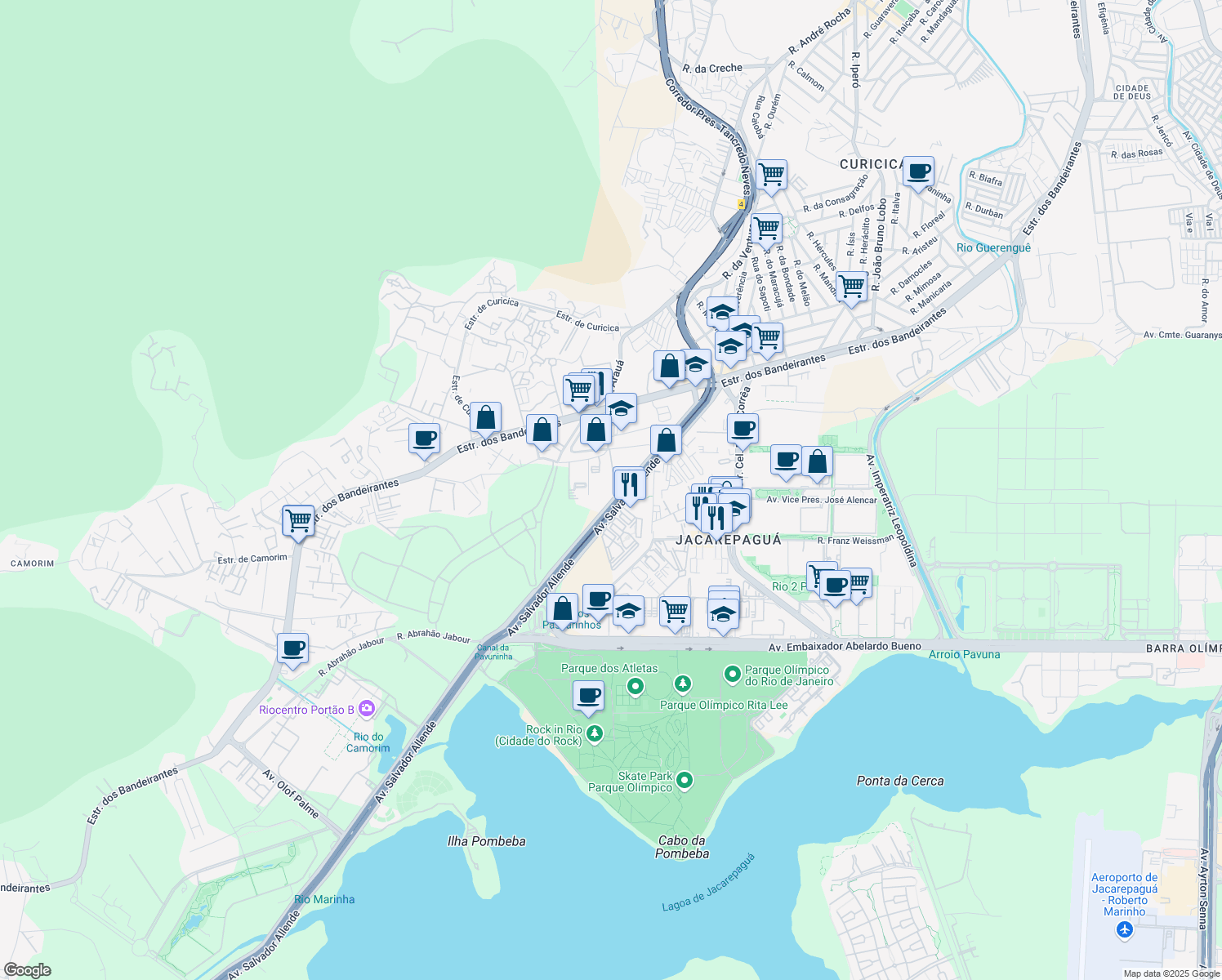 map of restaurants, bars, coffee shops, grocery stores, and more near 500 Avenida Salvador Allende in Rio de Janeiro