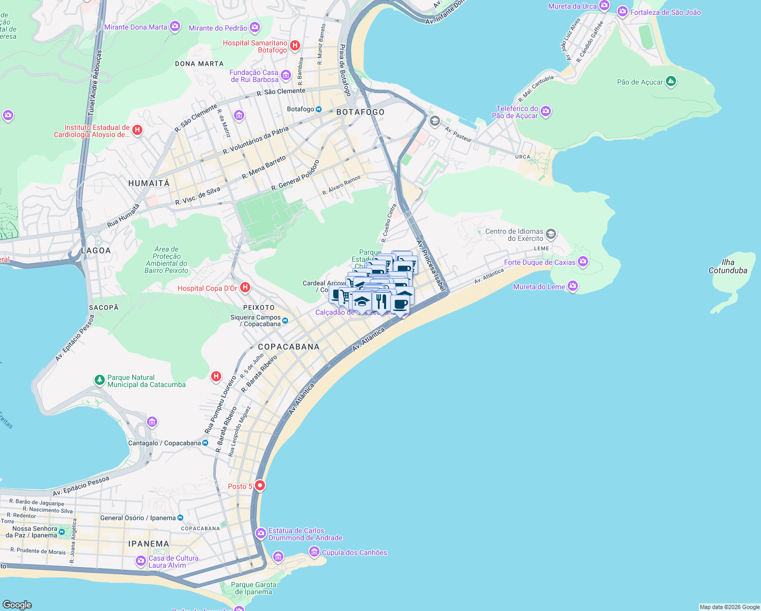 map of restaurants, bars, coffee shops, grocery stores, and more near 300 Avenida Nossa Senhora de Copacabana in Rio de Janeiro