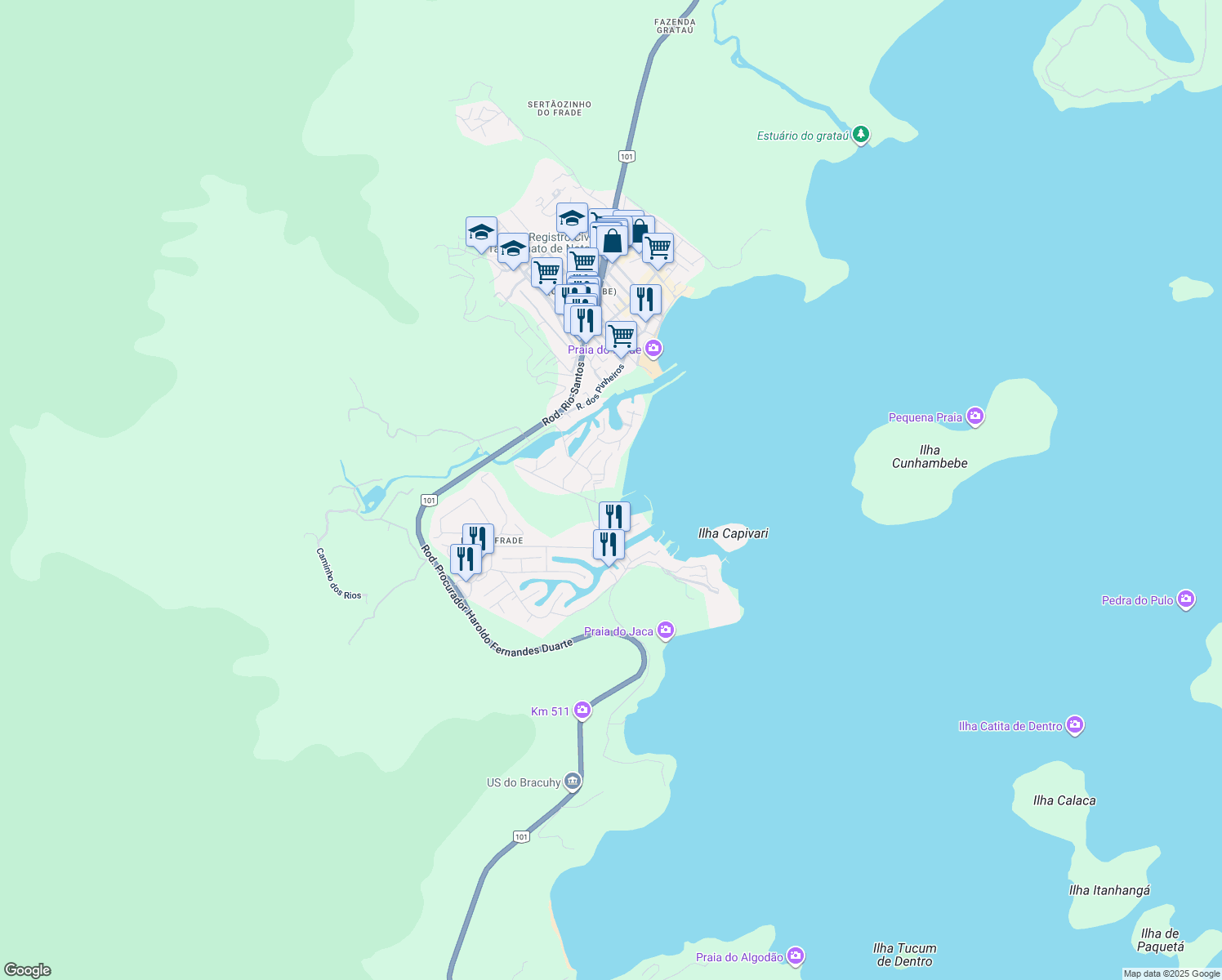 map of restaurants, bars, coffee shops, grocery stores, and more near Km 512 Rodovia Governador Mário Covas in Angra dos Reis