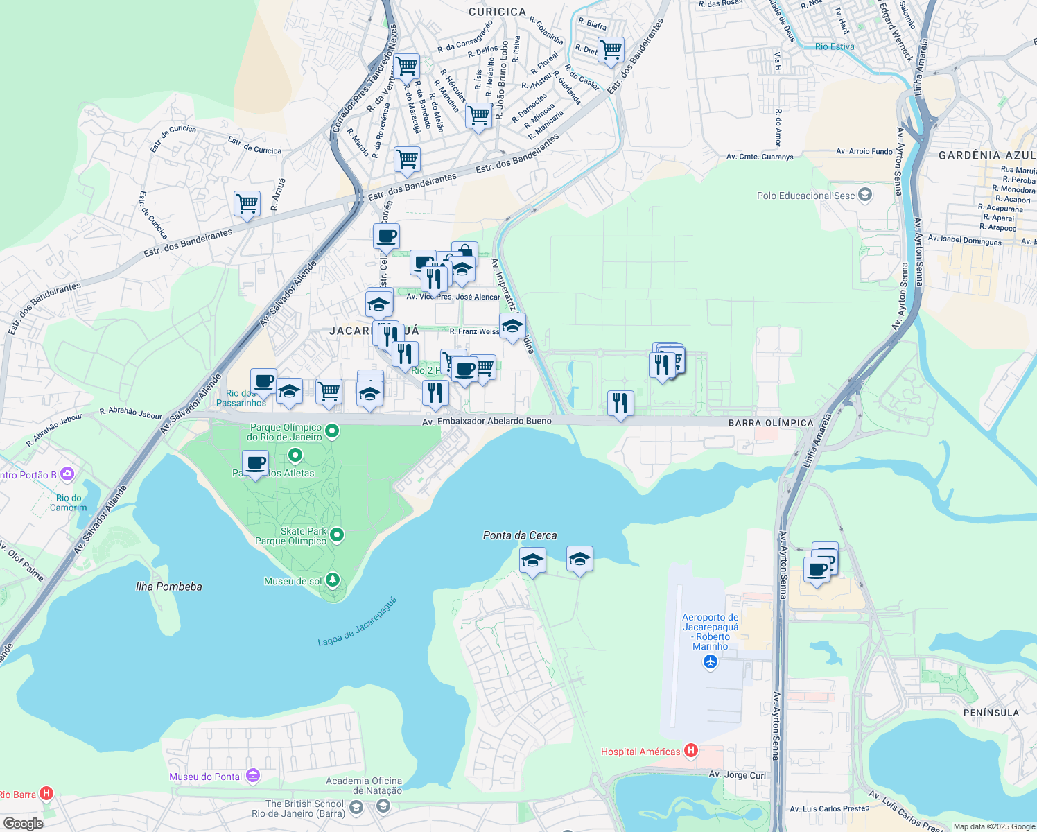 map of restaurants, bars, coffee shops, grocery stores, and more near Avenida Embaixador Abelardo Bueno in Rio de Janeiro