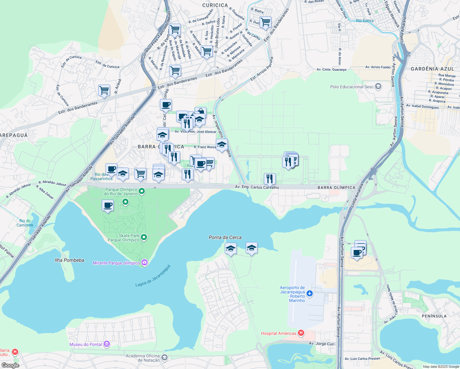 map of restaurants, bars, coffee shops, grocery stores, and more near Avenida Embaixador Abelardo Bueno in Rio de Janeiro