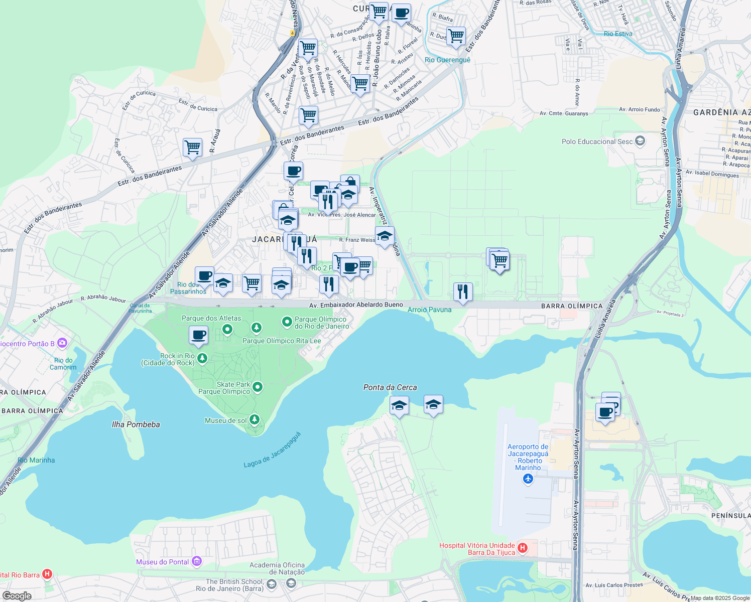 map of restaurants, bars, coffee shops, grocery stores, and more near Avenida Embaixador Abelardo Bueno in Rio de Janeiro