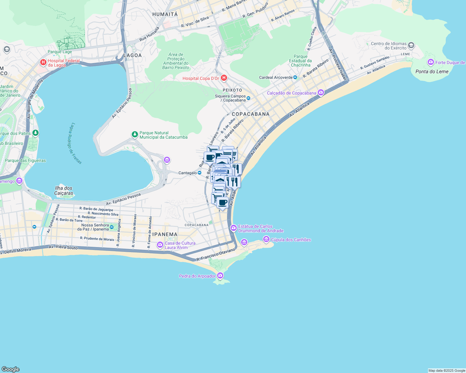 map of restaurants, bars, coffee shops, grocery stores, and more near 3668 Avenida Atlântica in Rio de Janeiro