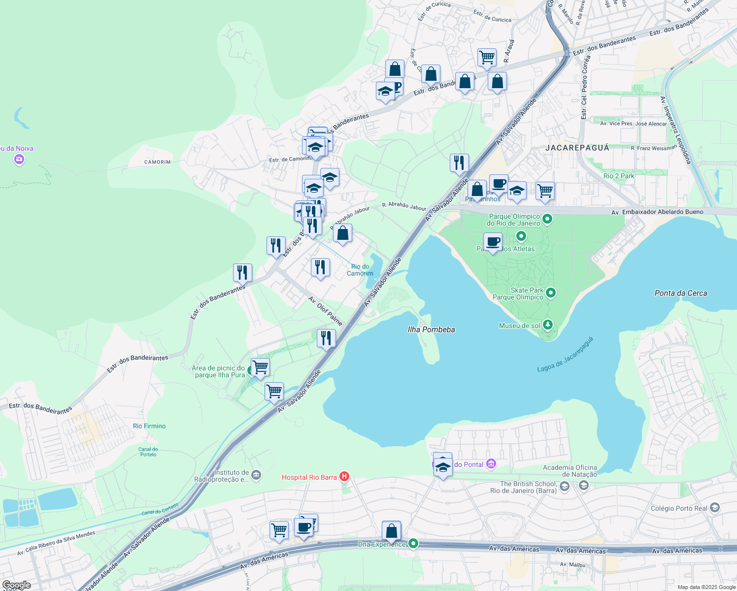 map of restaurants, bars, coffee shops, grocery stores, and more near 500 Avenida Salvador Allende in Rio de Janeiro