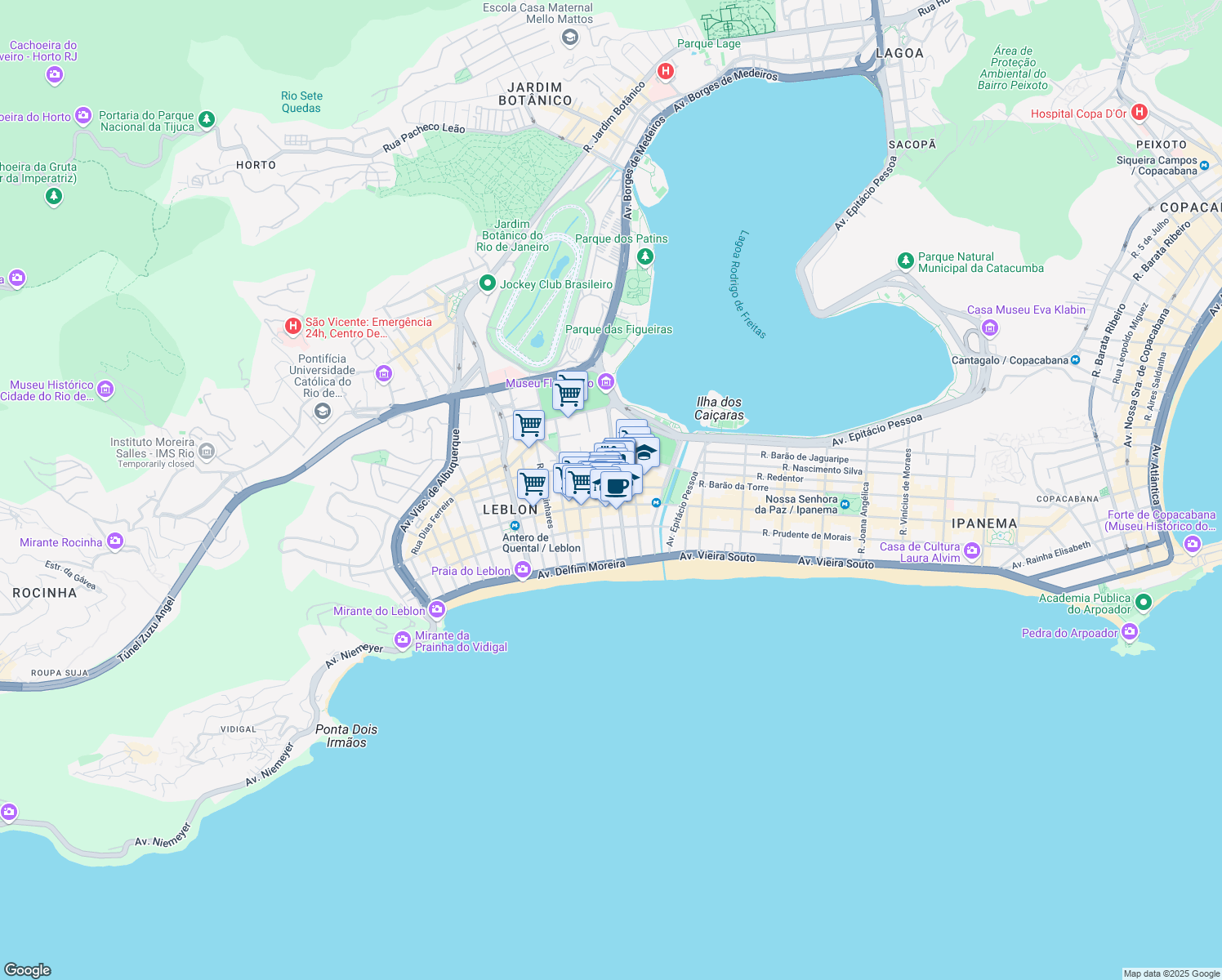 map of restaurants, bars, coffee shops, grocery stores, and more near 131 Avenida Afrânio de Melo Franco in Rio de Janeiro