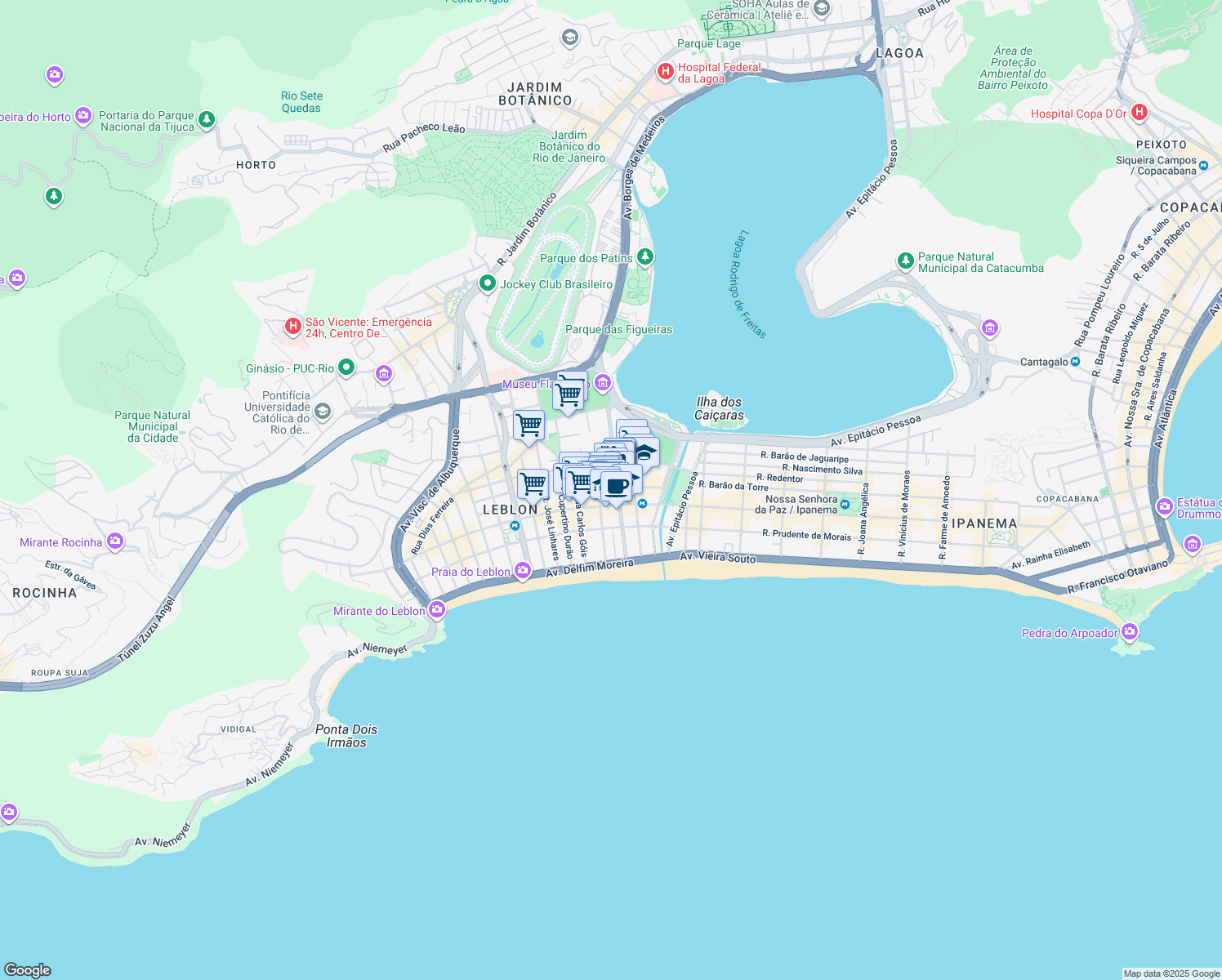 map of restaurants, bars, coffee shops, grocery stores, and more near 131 Avenida Afrânio de Melo Franco in Rio de Janeiro