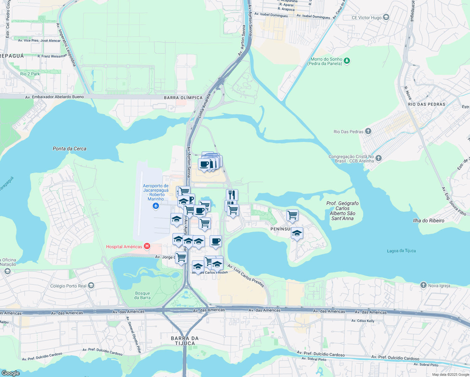 map of restaurants, bars, coffee shops, grocery stores, and more near 850 Avenida João Cabral de Melo Neto in Rio de Janeiro