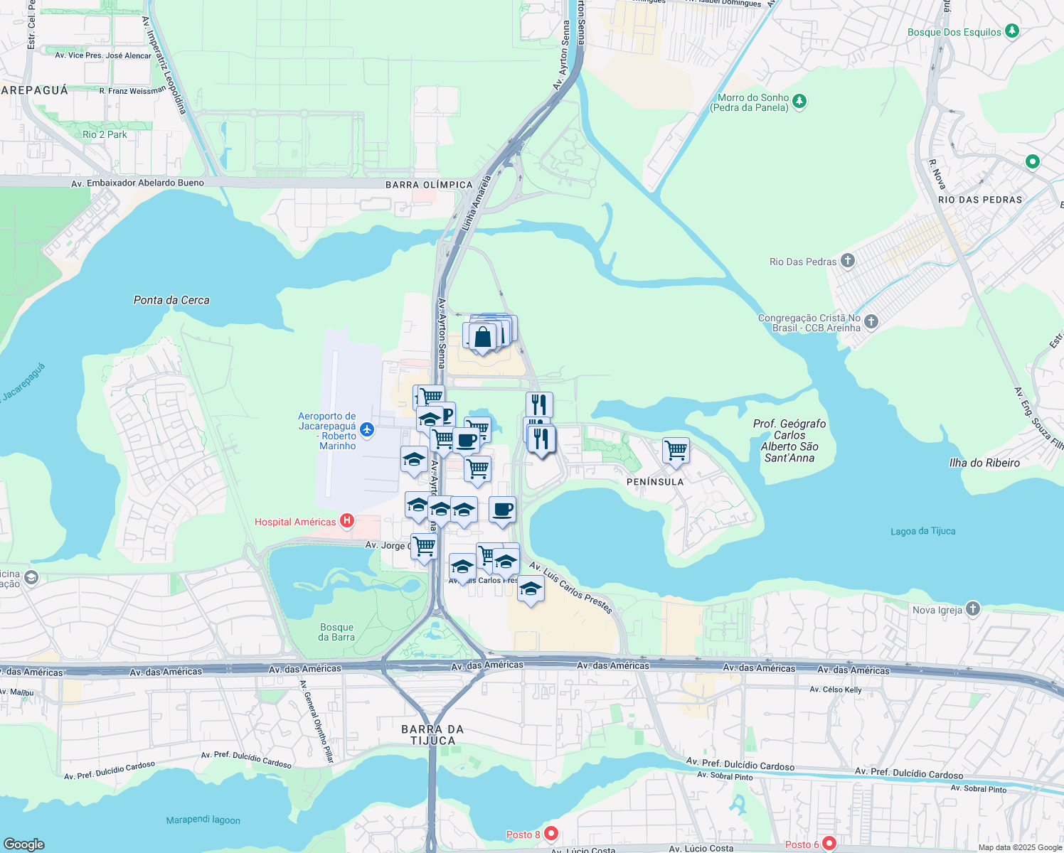 map of restaurants, bars, coffee shops, grocery stores, and more near 850 Avenida João Cabral de Melo Neto in Rio de Janeiro