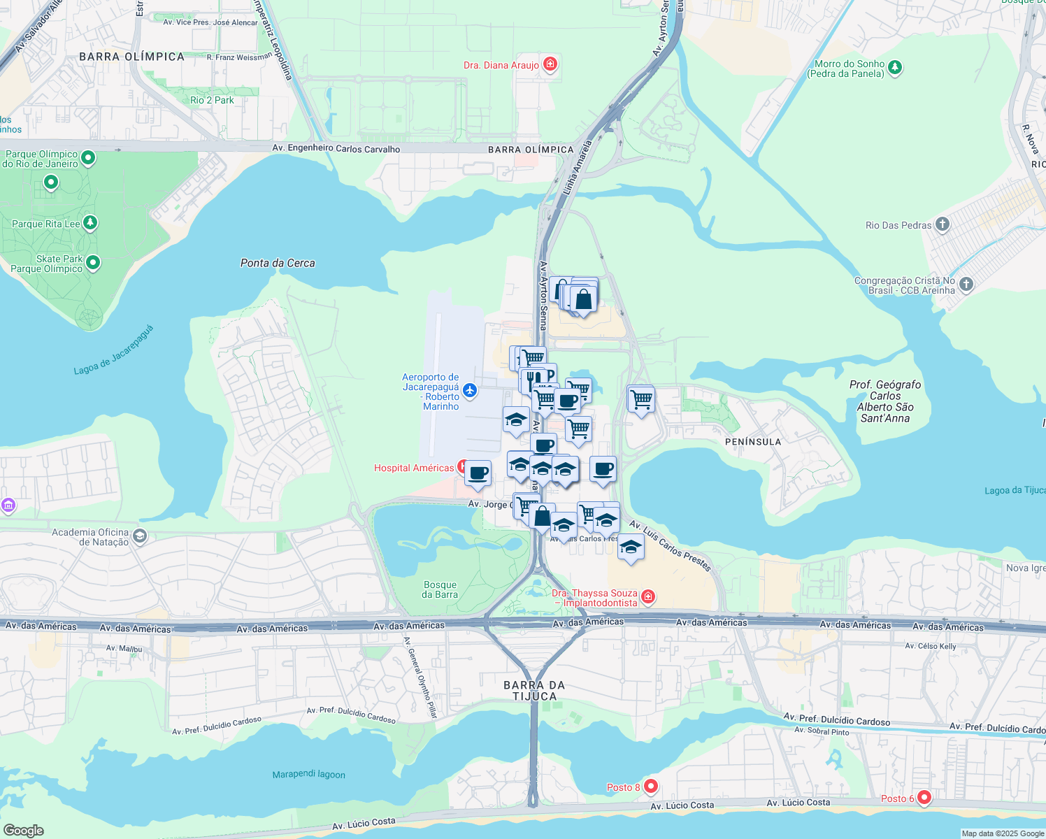 map of restaurants, bars, coffee shops, grocery stores, and more near 2541 Avenida Ayrton Senna in Rio de Janeiro
