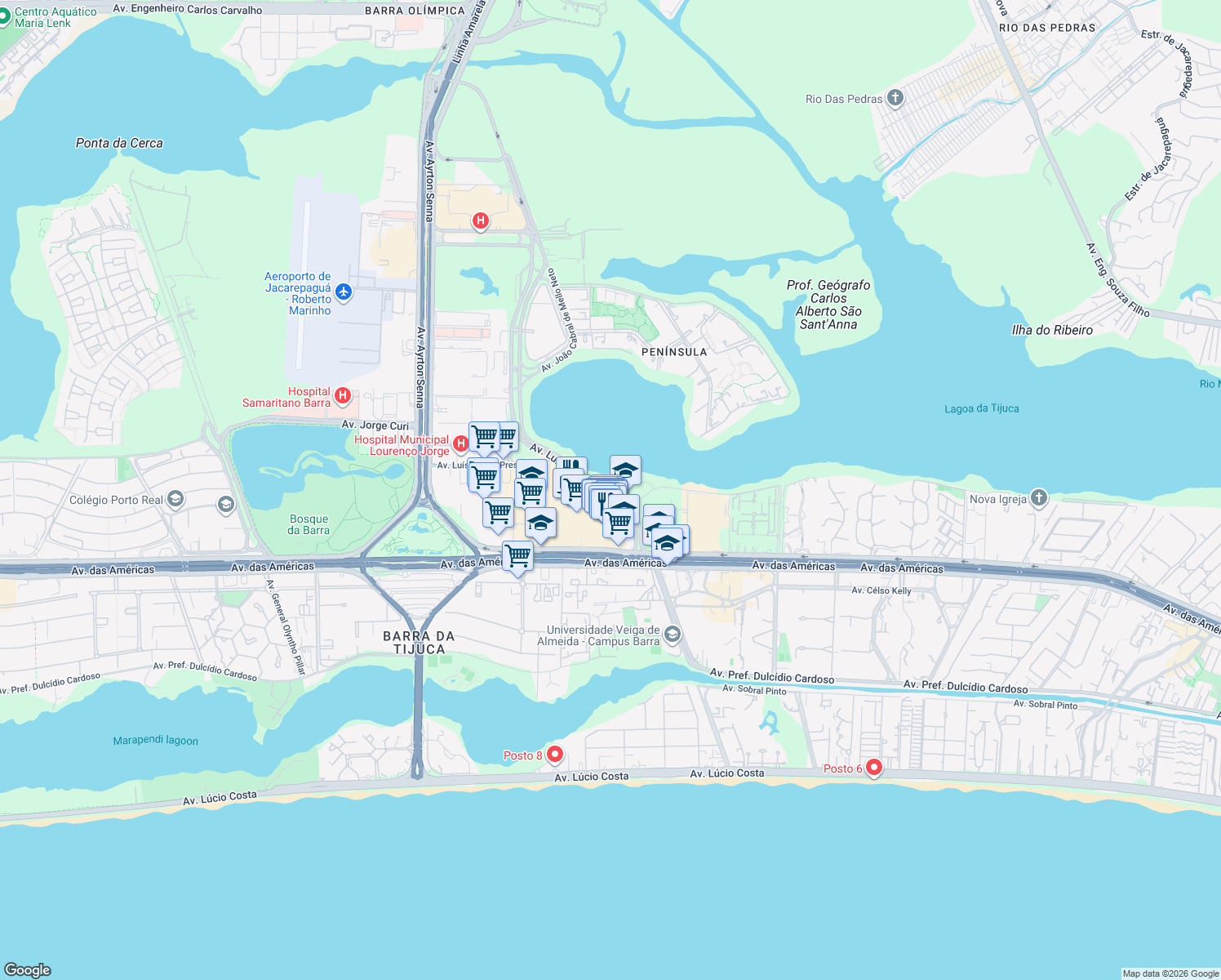 map of restaurants, bars, coffee shops, grocery stores, and more near 50 Avenida Luís Carlos Prestes in Rio de Janeiro