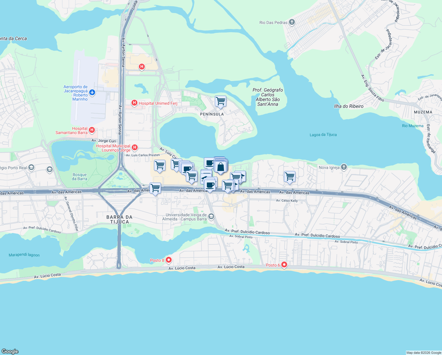 map of restaurants, bars, coffee shops, grocery stores, and more near 3900 Avenida das Américas in Rio de Janeiro