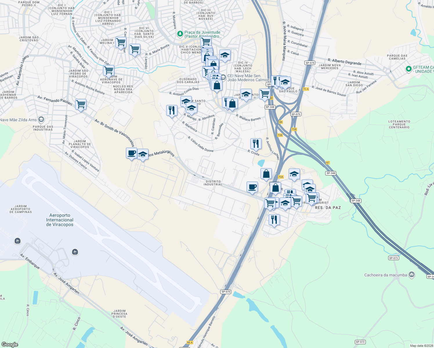 map of restaurants, bars, coffee shops, grocery stores, and more near 700 Avenida Mercedes Benz in Campinas