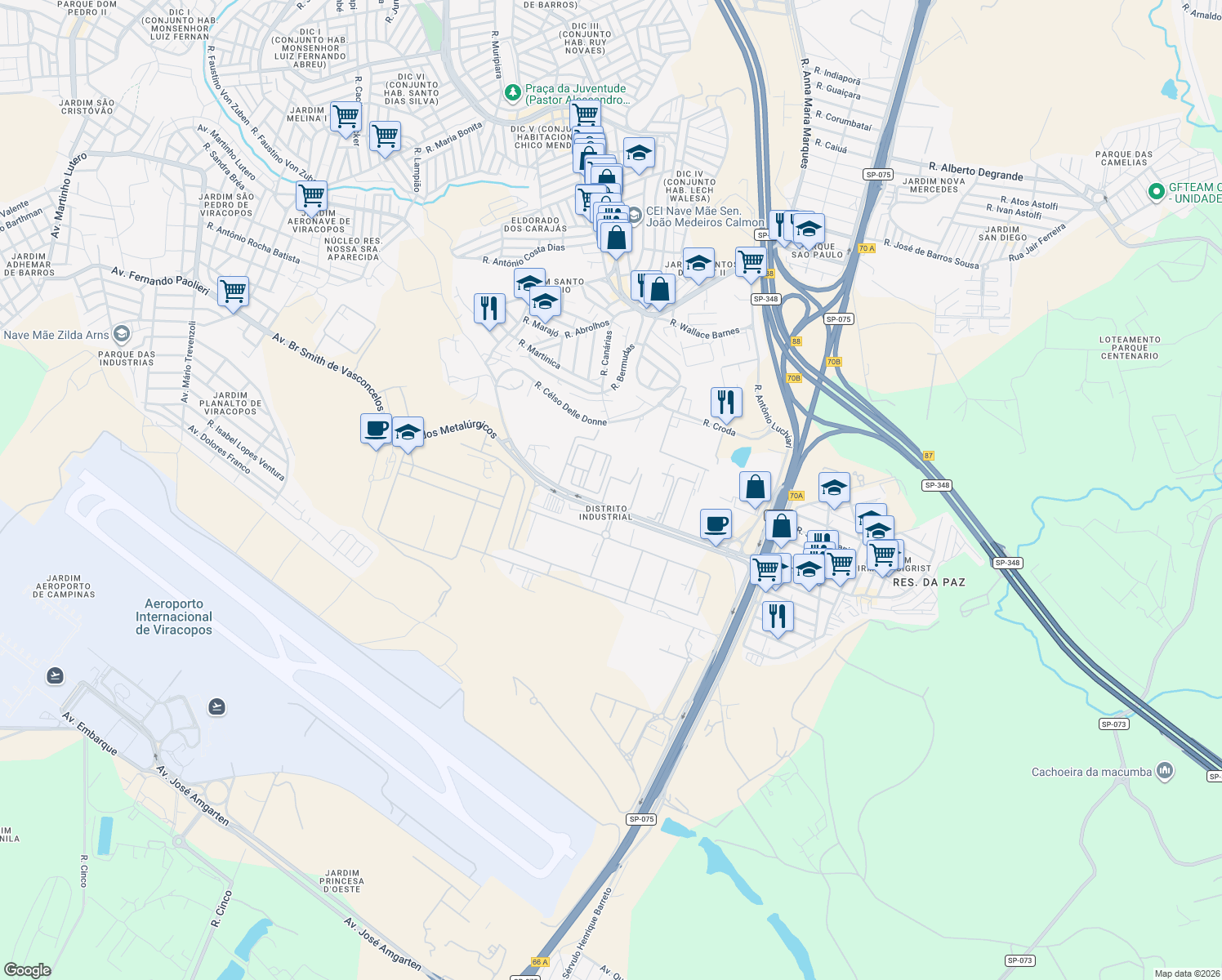 map of restaurants, bars, coffee shops, grocery stores, and more near 700 Avenida Mercedes Benz in Campinas