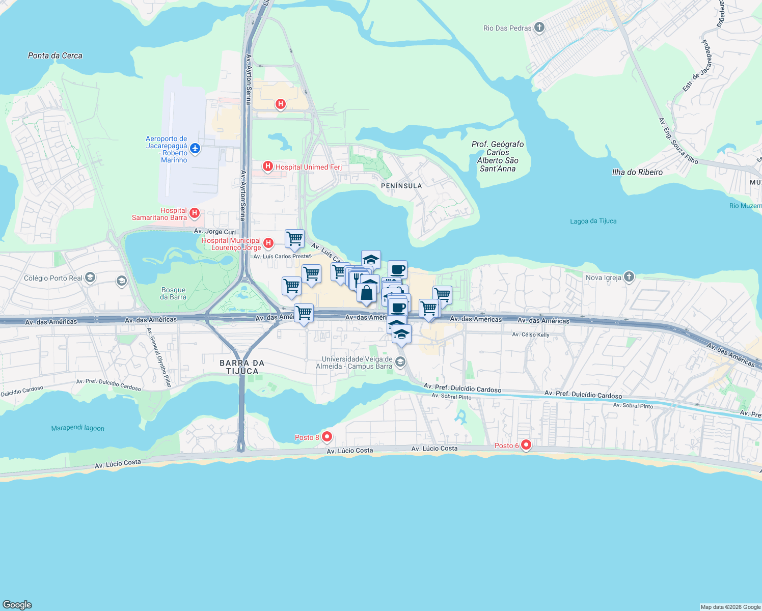 map of restaurants, bars, coffee shops, grocery stores, and more near 50 Avenida Luís Carlos Prestes in Rio de Janeiro