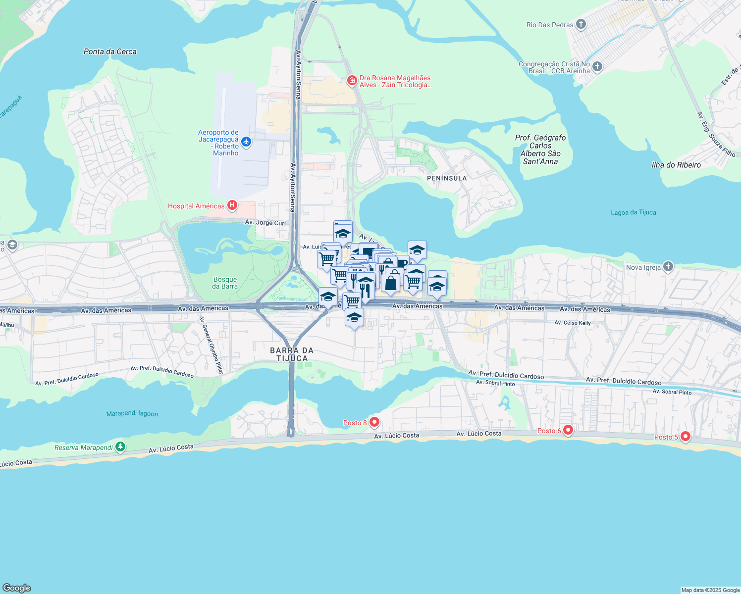 map of restaurants, bars, coffee shops, grocery stores, and more near 2552-5150 Avenida das Américas in Rio de Janeiro