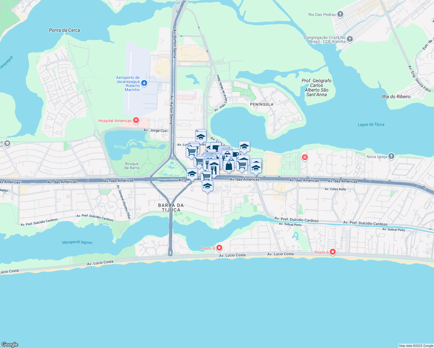 map of restaurants, bars, coffee shops, grocery stores, and more near 2552-5150 Avenida das Américas in Rio de Janeiro