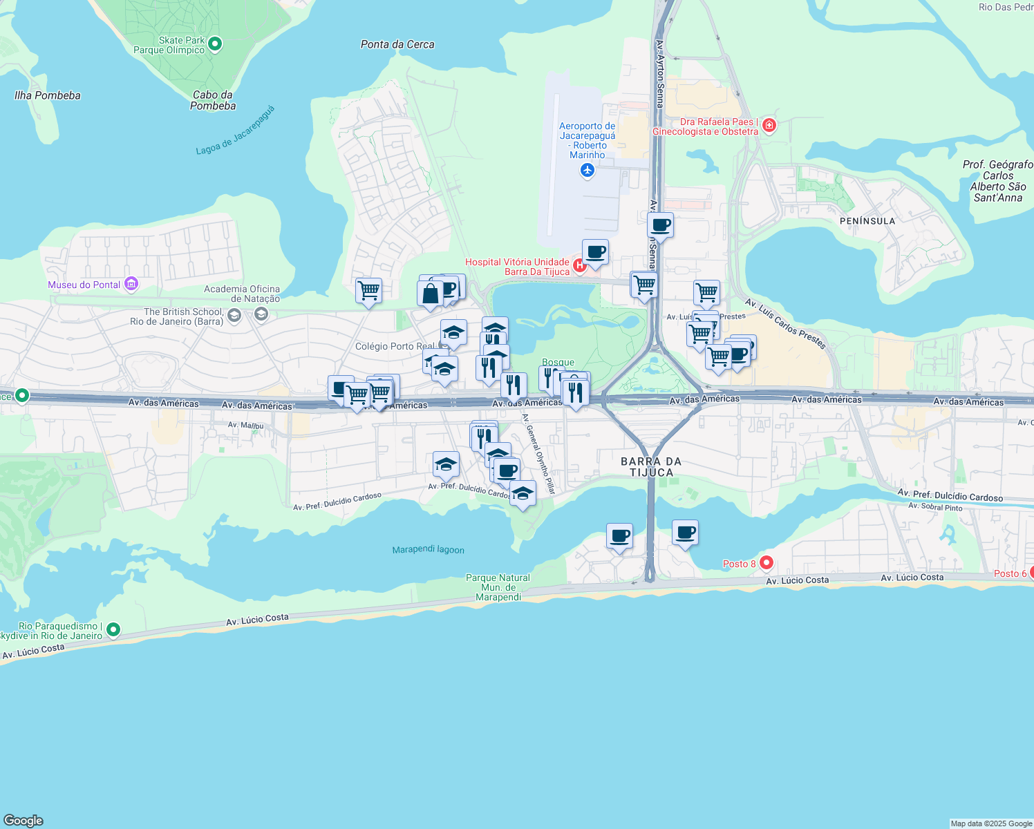 map of restaurants, bars, coffee shops, grocery stores, and more near 6101 Avenida das Américas in Rio de Janeiro