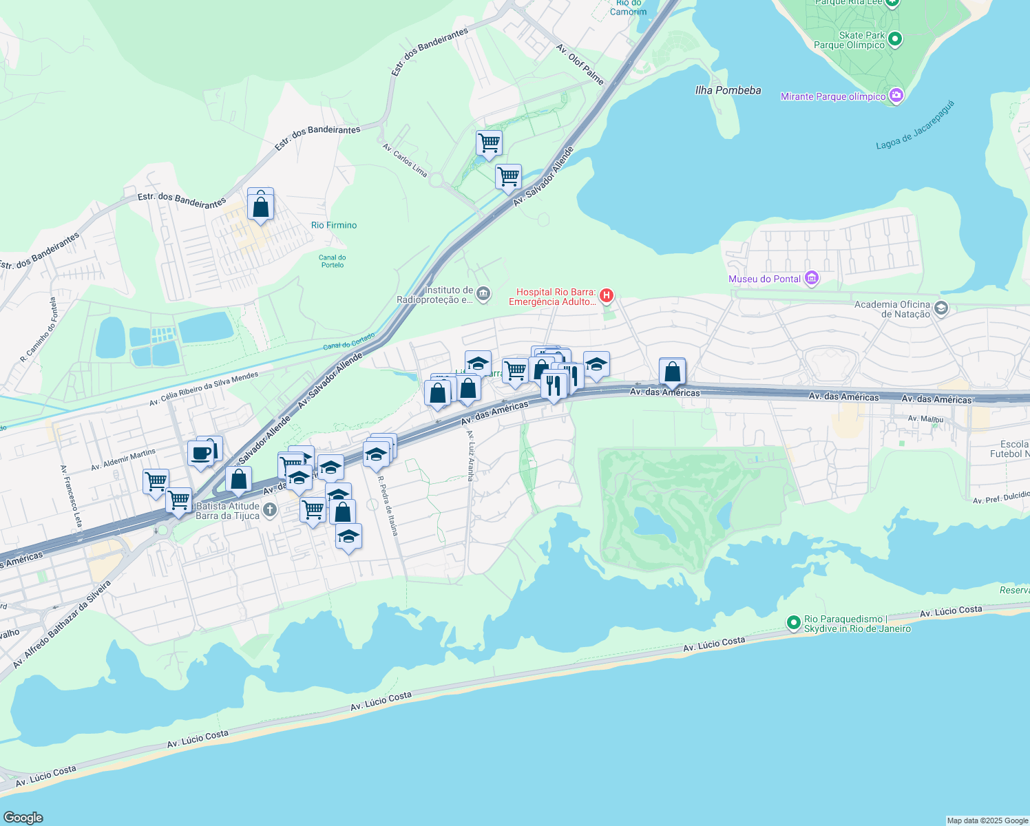 map of restaurants, bars, coffee shops, grocery stores, and more near 10363 Avenida das Américas in Rio de Janeiro