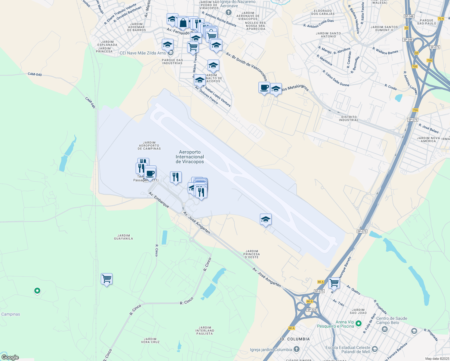 map of restaurants, bars, coffee shops, grocery stores, and more near 18550-000 Avenida dos Pinheiros in Boituva