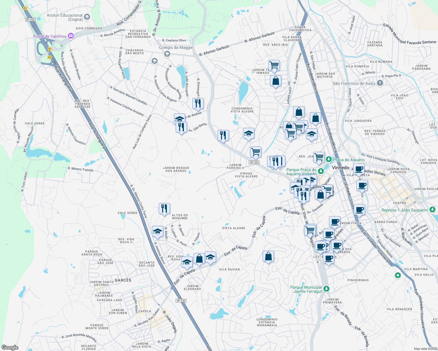 map of restaurants, bars, coffee shops, grocery stores, and more near 546 Avenida Jazida in Vinhedo
