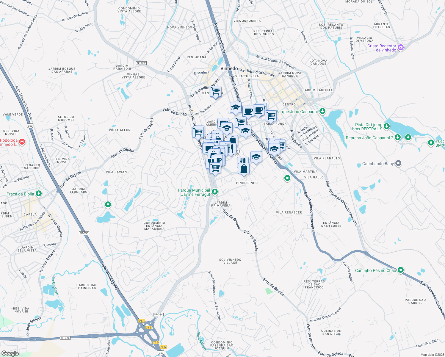 map of restaurants, bars, coffee shops, grocery stores, and more near 60 Rua Magdalena Ferragut in Vinhedo