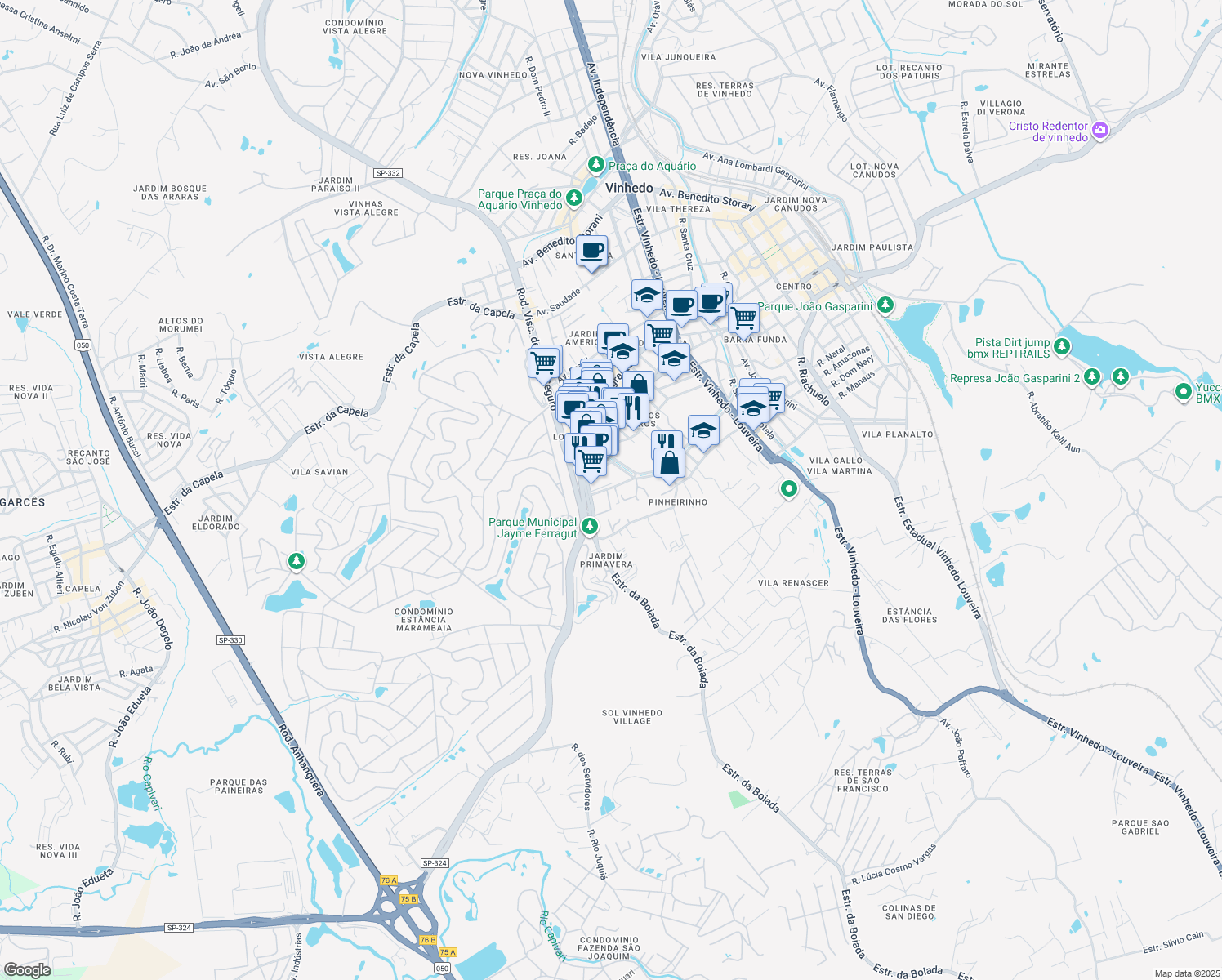 map of restaurants, bars, coffee shops, grocery stores, and more near 60 Rua Magdalena Ferragut in Vinhedo