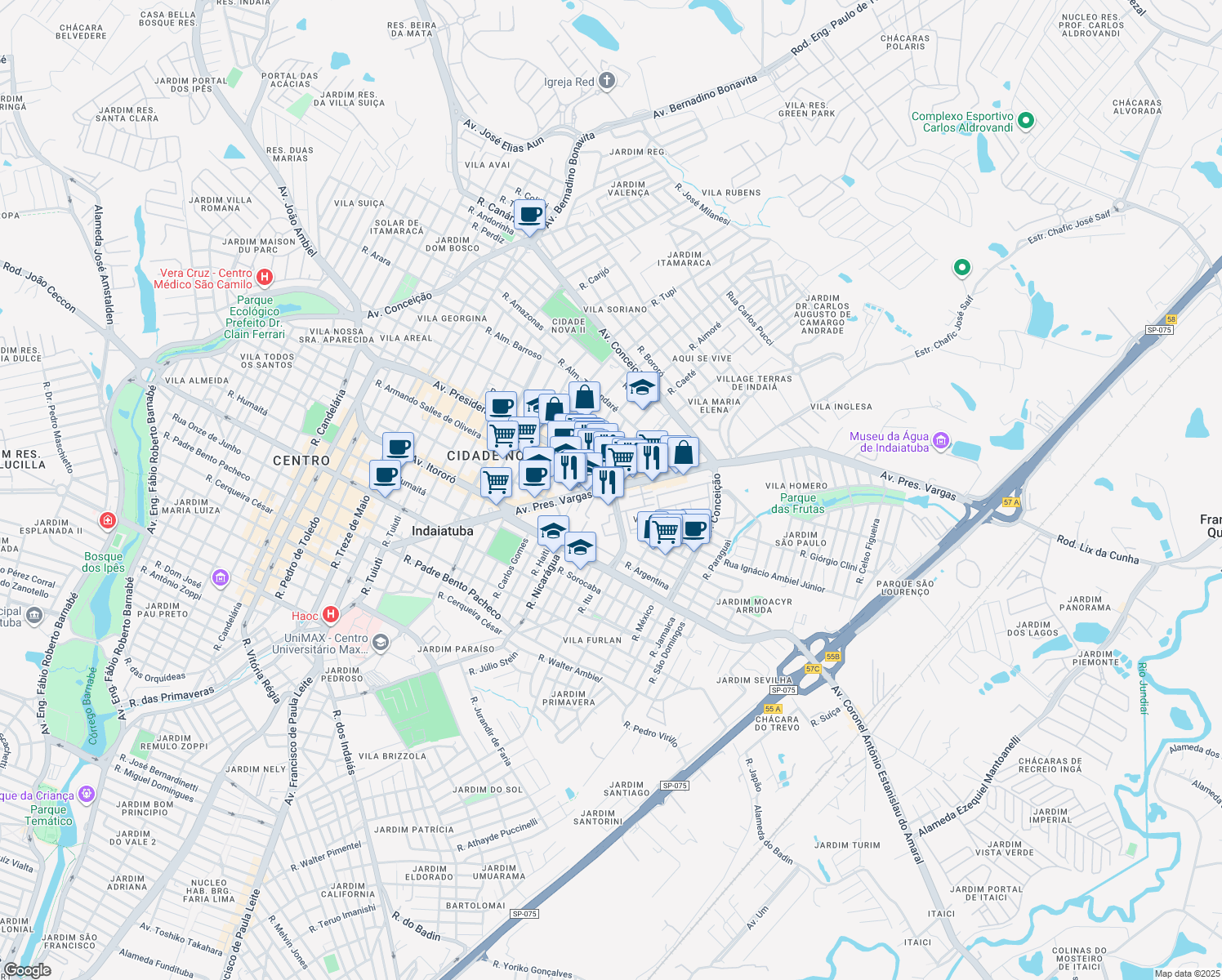 map of restaurants, bars, coffee shops, grocery stores, and more near 1264 Avenida Presidente Vargas in Indaiatuba