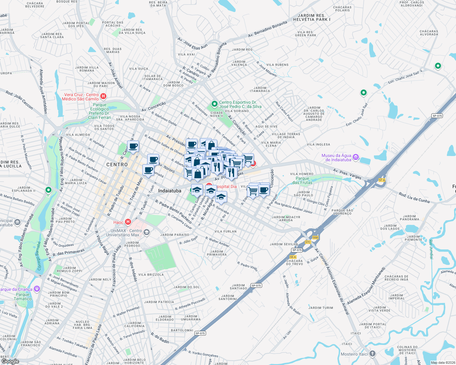 map of restaurants, bars, coffee shops, grocery stores, and more near 1264 Avenida Presidente Vargas in Indaiatuba