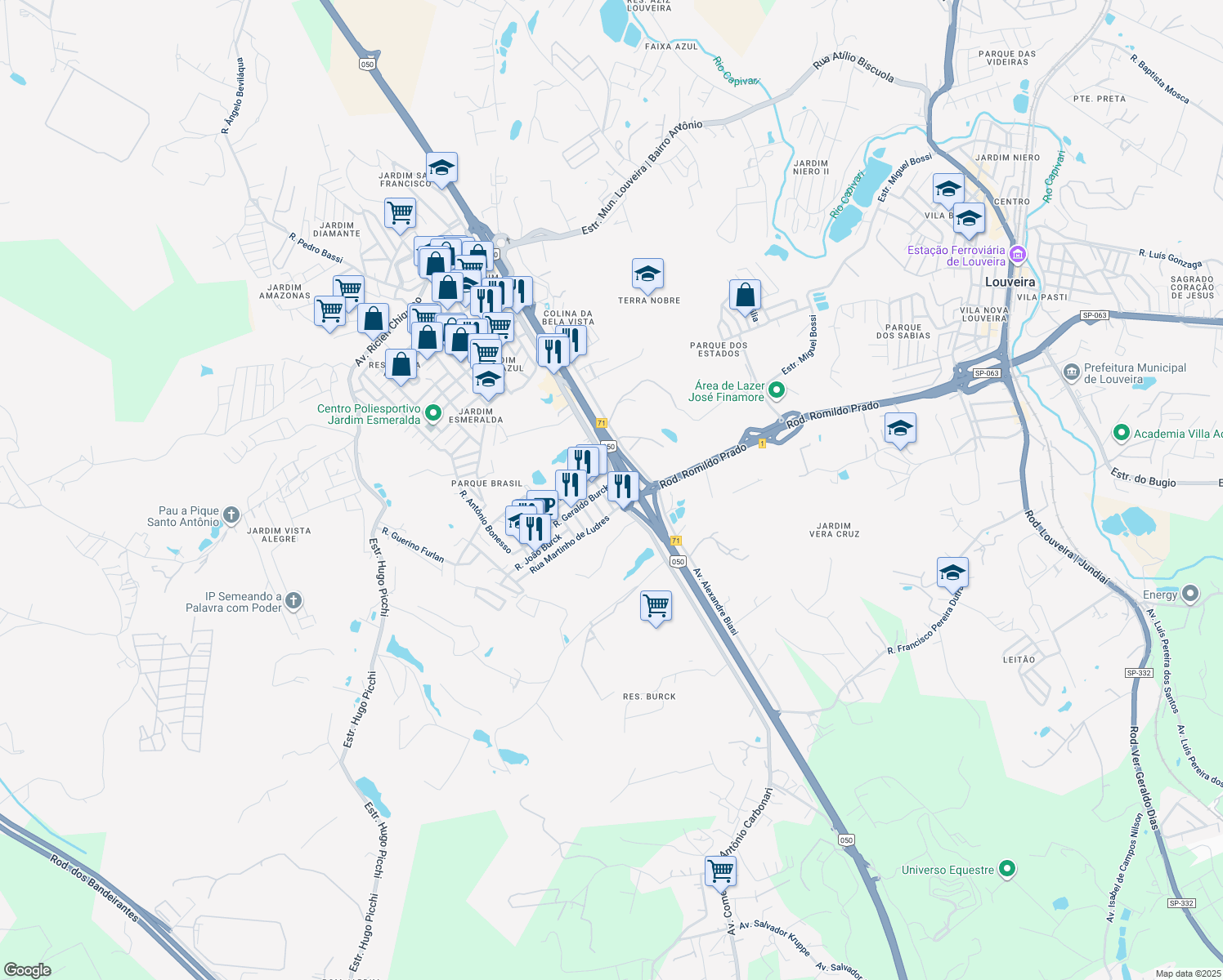 map of restaurants, bars, coffee shops, grocery stores, and more near 53 Avenida José Nicolau Estabile in Louveira