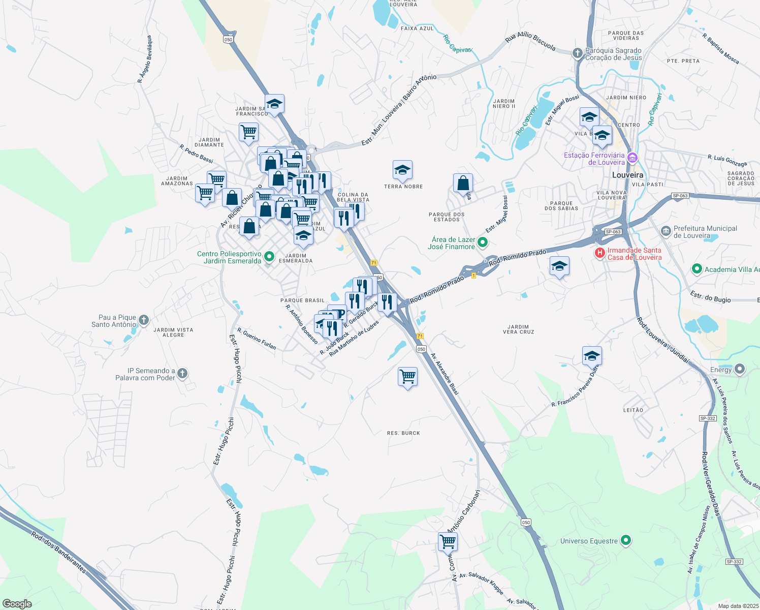 map of restaurants, bars, coffee shops, grocery stores, and more near 53 Avenida José Nicolau Estabile in Louveira