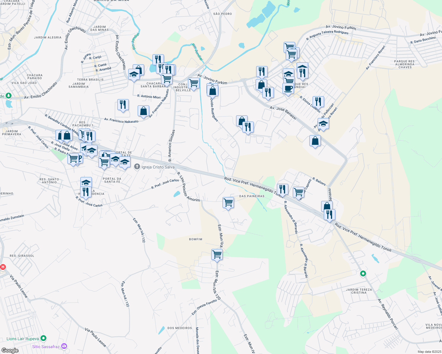 map of restaurants, bars, coffee shops, grocery stores, and more near 2 Rodovia Vice Prefeito Hermenegildo Tonoli in Jundiaí