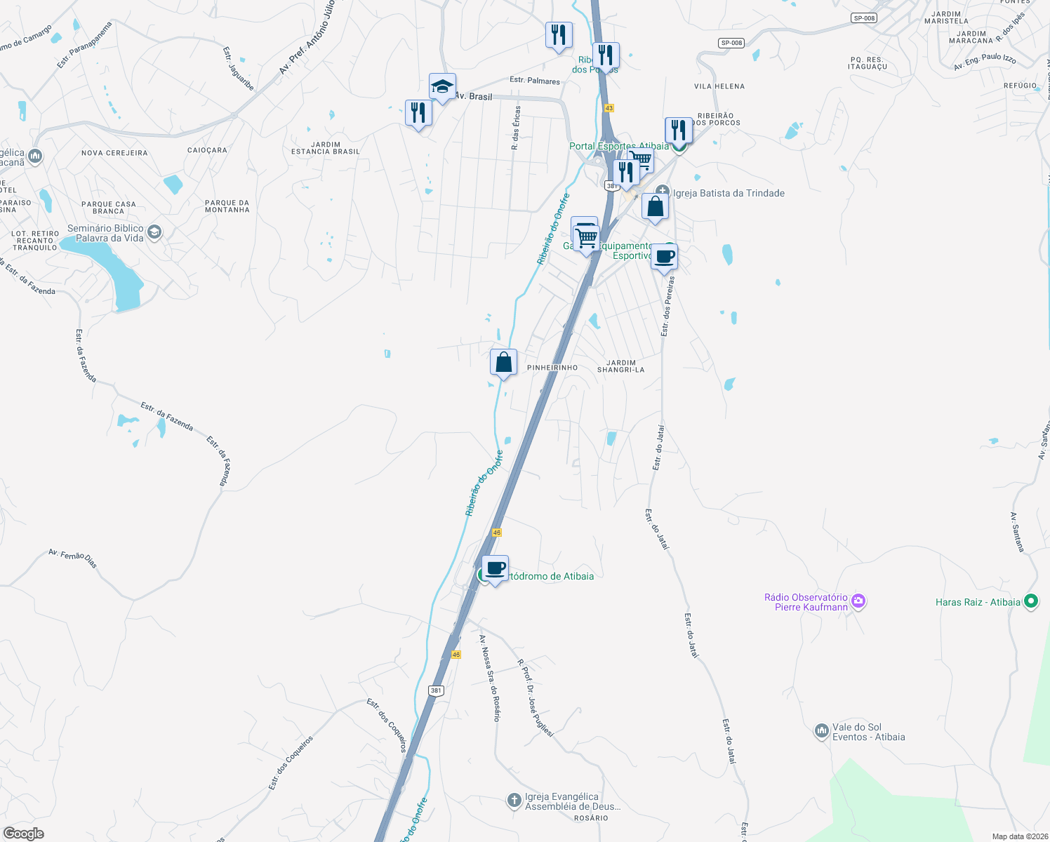 map of restaurants, bars, coffee shops, grocery stores, and more near Rua Luiz Onofre de Amorim in Atibaia