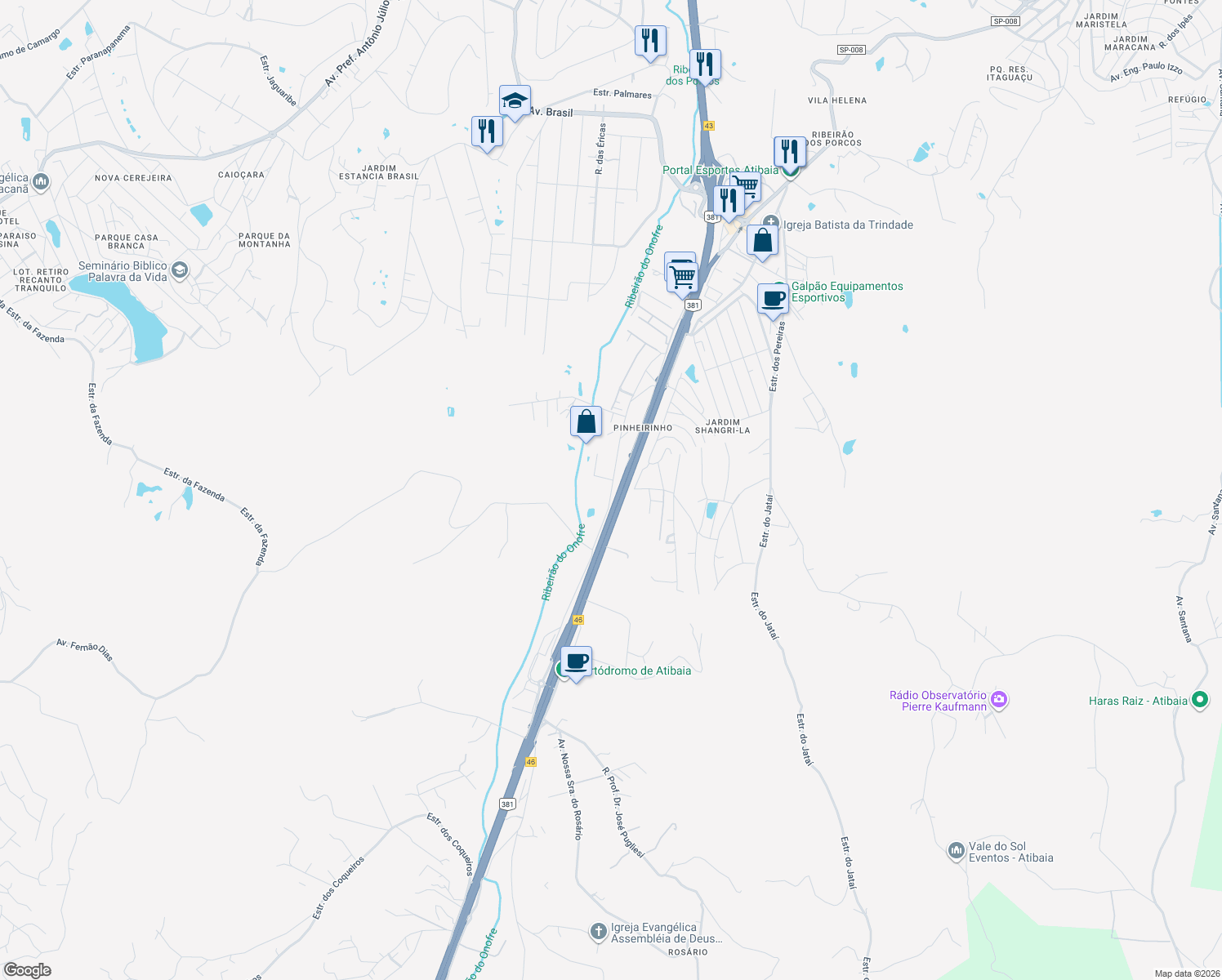 map of restaurants, bars, coffee shops, grocery stores, and more near Rua Luiz Onofre de Amorim in Atibaia