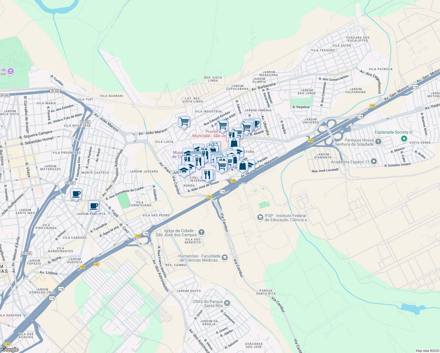 map of restaurants, bars, coffee shops, grocery stores, and more near 280 Rua Patativa in São José dos Campos