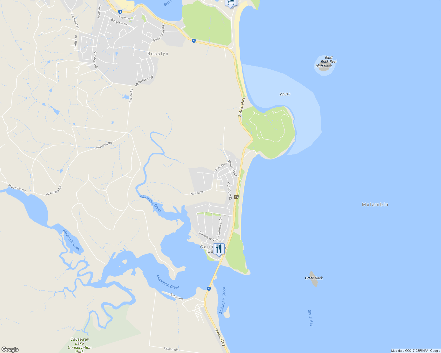 map of restaurants, bars, coffee shops, grocery stores, and more near Beachside Circuit in Mulambin