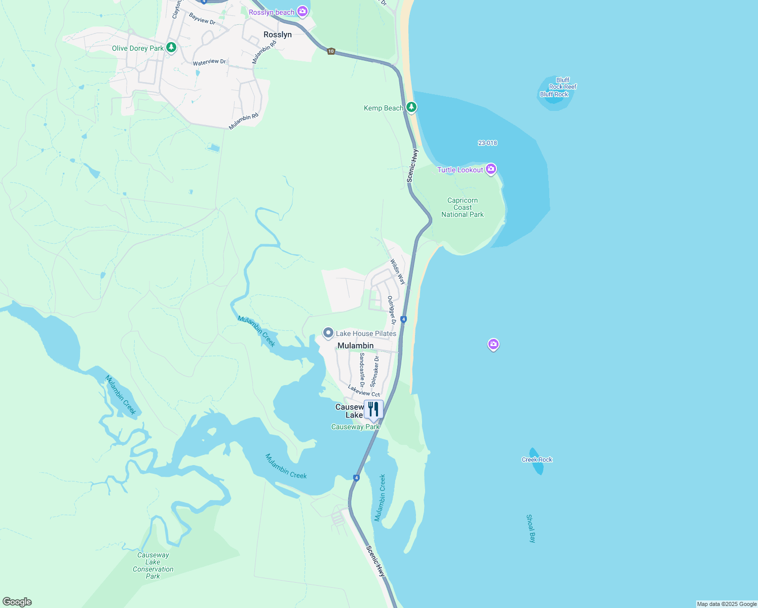 map of restaurants, bars, coffee shops, grocery stores, and more near 6 Barramundi Street in Mulambin