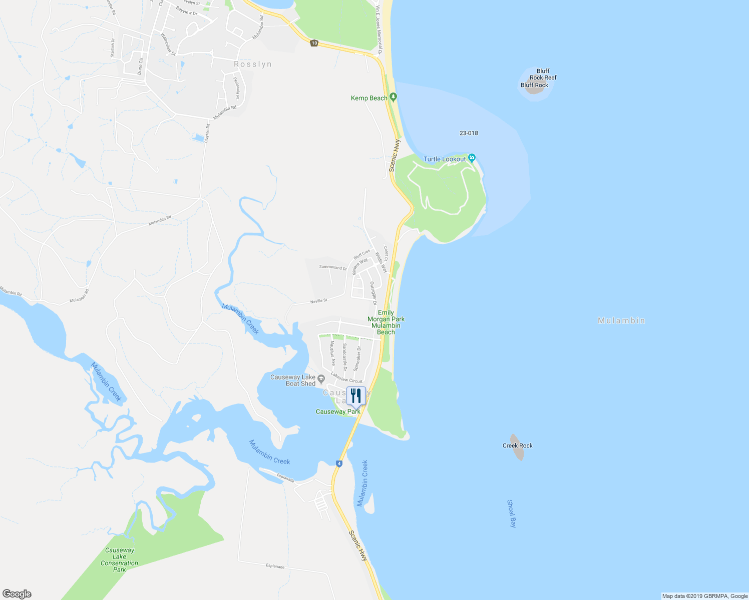 map of restaurants, bars, coffee shops, grocery stores, and more near Outrigger Drive in Mulambin