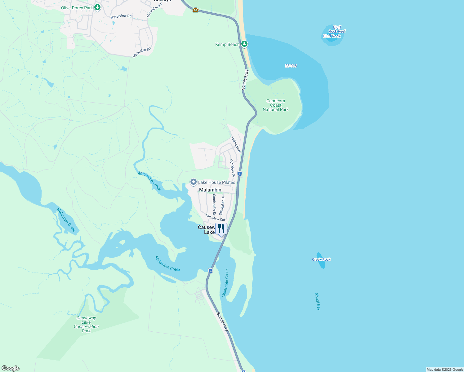map of restaurants, bars, coffee shops, grocery stores, and more near 2 Outrigger Drive in Mulambin