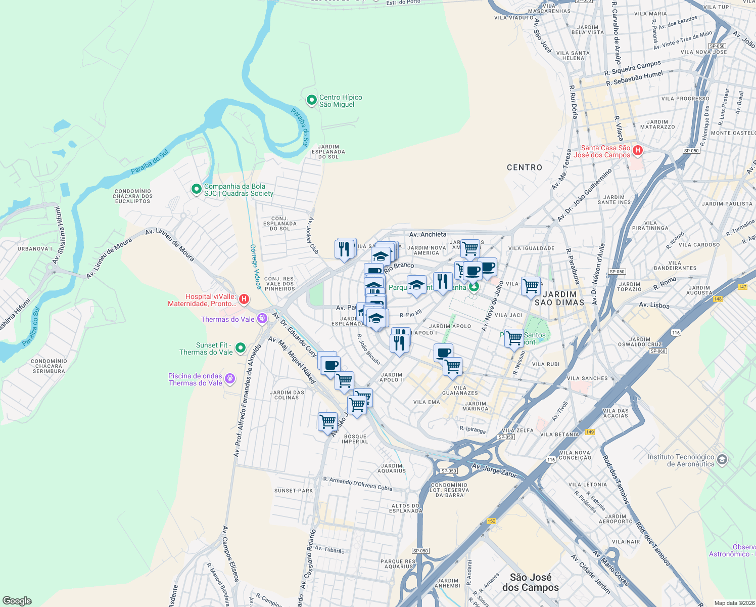 map of restaurants, bars, coffee shops, grocery stores, and more near 755 Avenida Barão do Rio Branco in São José dos Campos
