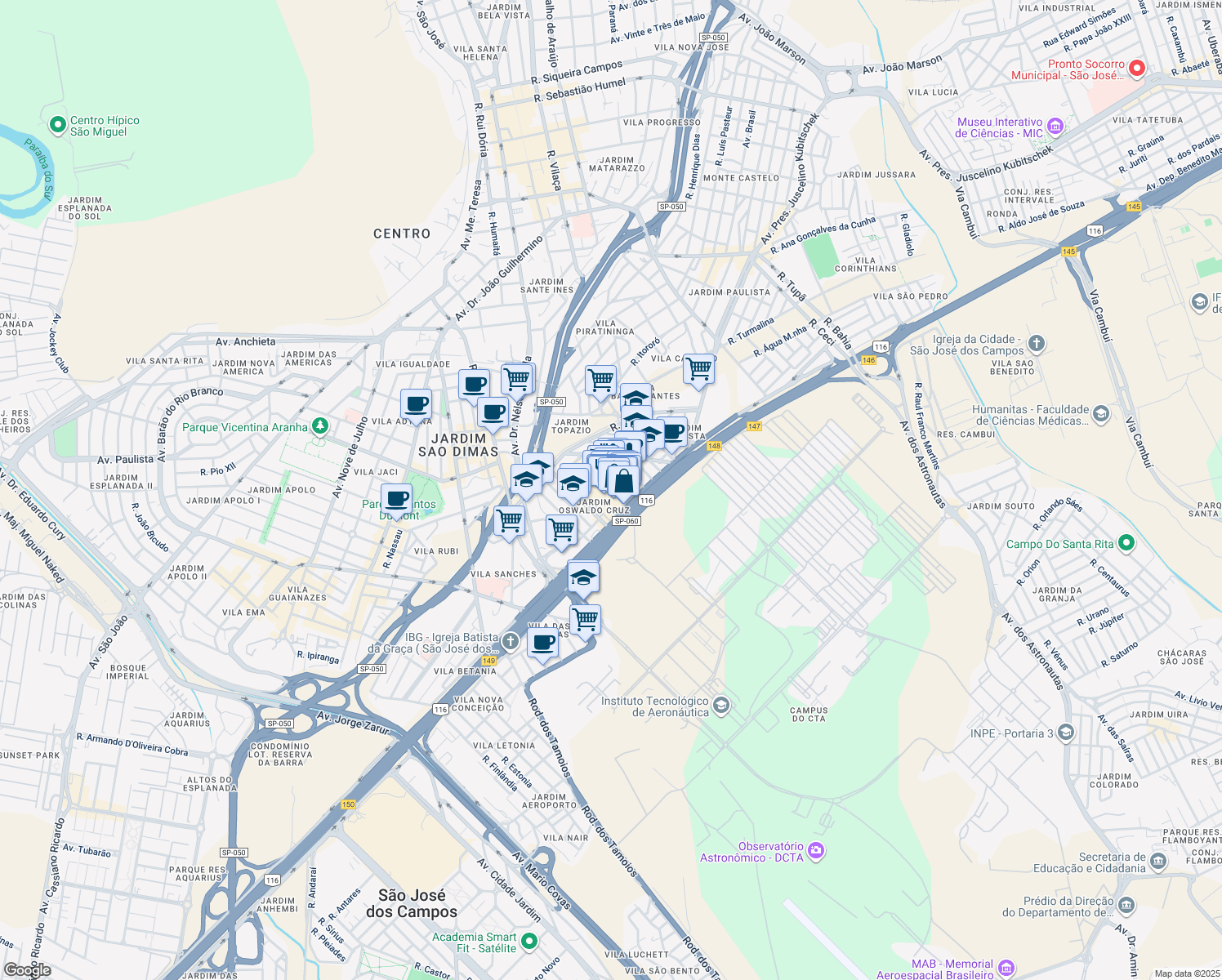 map of restaurants, bars, coffee shops, grocery stores, and more near 9403 Avenida Deputado Benedito Matarazzo in São José dos Campos