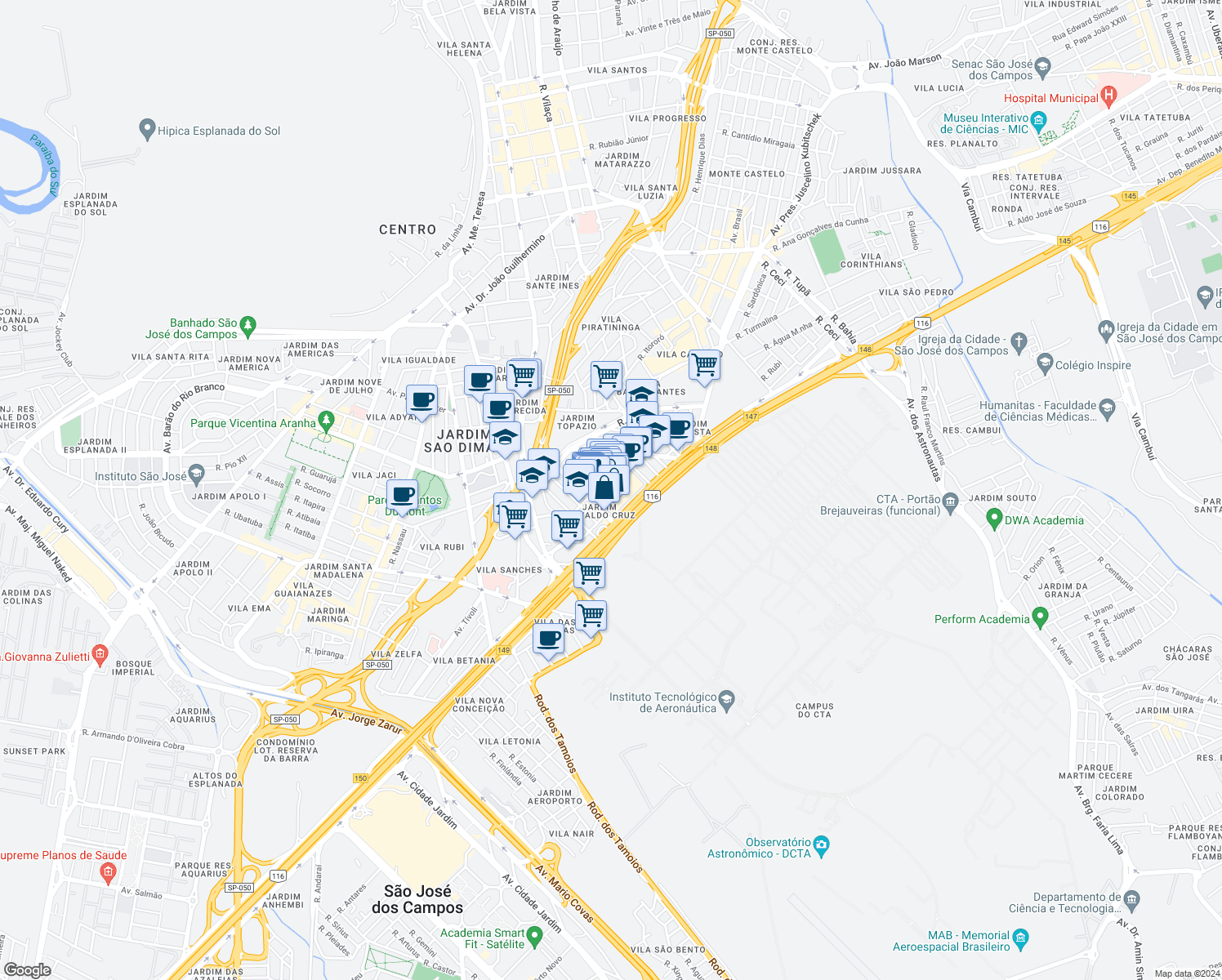 map of restaurants, bars, coffee shops, grocery stores, and more near 9403 Avenida Deputado Benedito Matarazzo in São José dos Campos