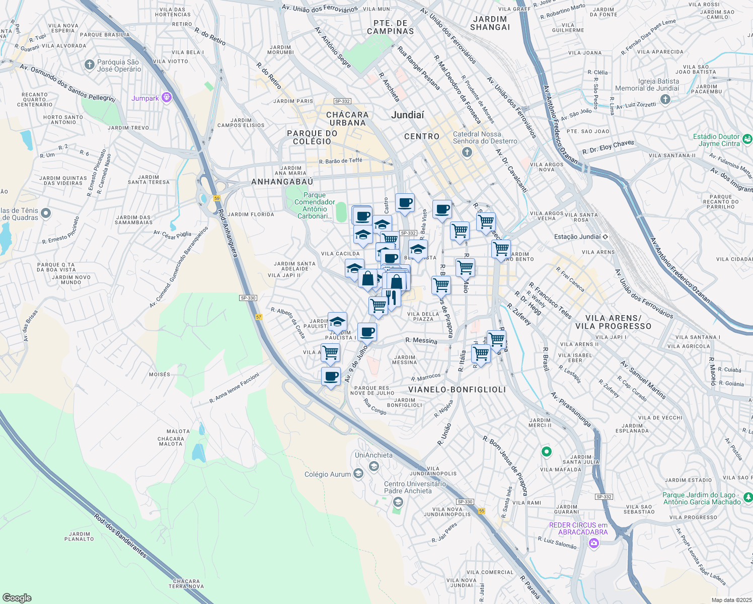 map of restaurants, bars, coffee shops, grocery stores, and more near 3148 Avenida 9 de Julho in Jundiaí