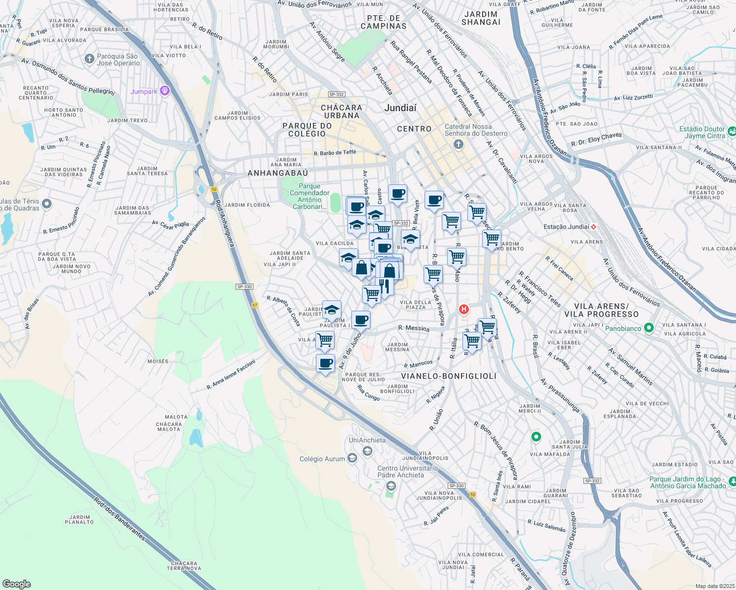 map of restaurants, bars, coffee shops, grocery stores, and more near 3148 Avenida 9 de Julho in Jundiaí