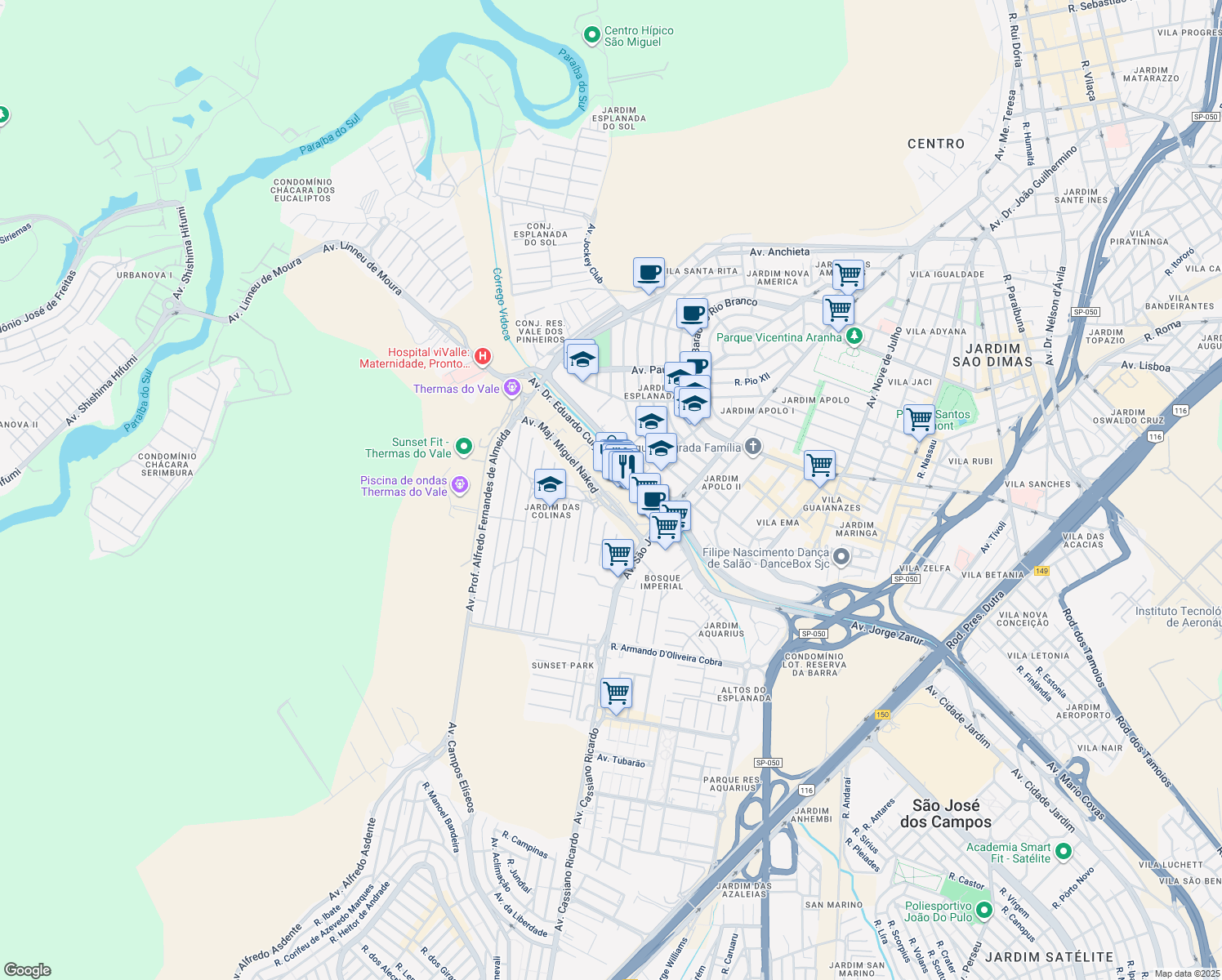 map of restaurants, bars, coffee shops, grocery stores, and more near 2200 Avenida São João in São José dos Campos