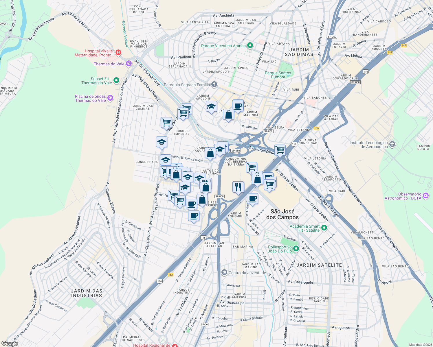 map of restaurants, bars, coffee shops, grocery stores, and more near 500 Avenida Florestan Fernandes in São José dos Campos